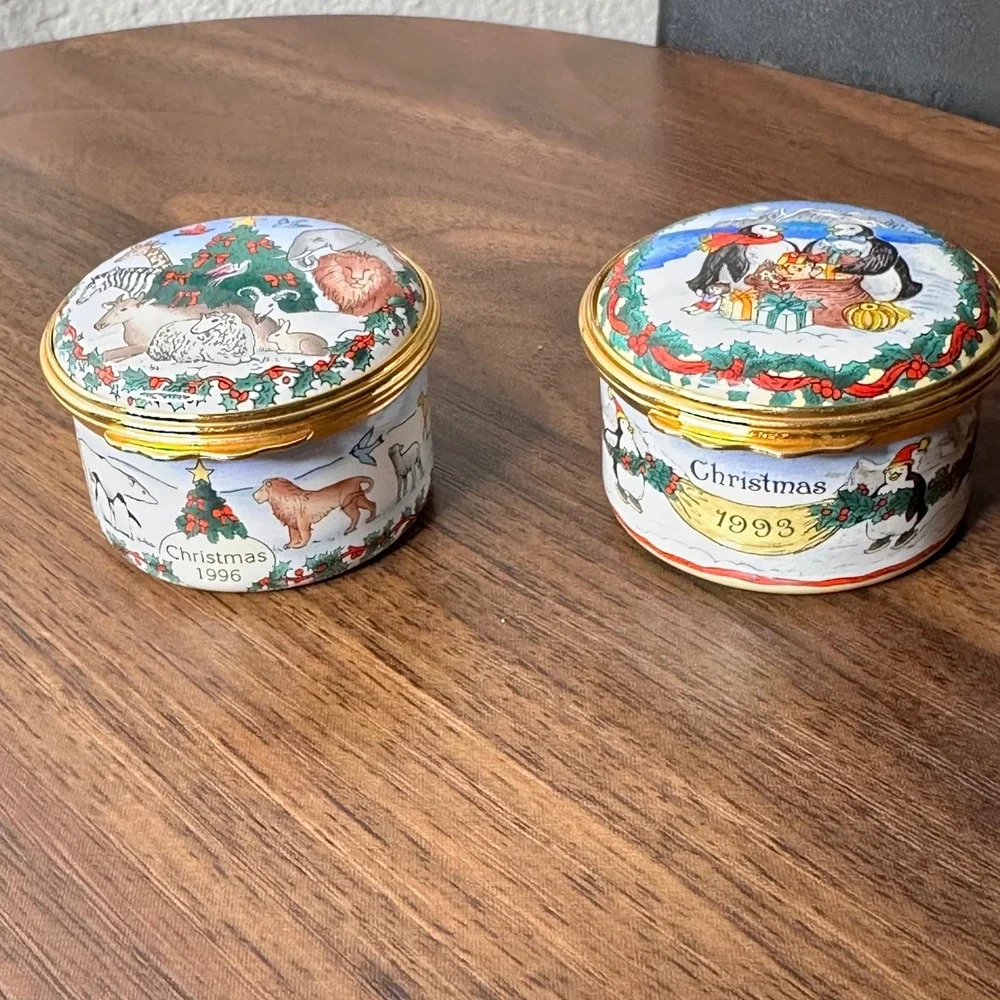 Halcyon Days Enamels Neiman Marcus Christmas Trinket Boxes 1993 1996 Set of 2